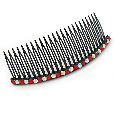 Black Acrylic With AB/ Ruby Red Crystal Accent Hair Comb - 10cm
