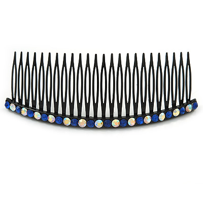 Black Acrylic With AB/ Sapphire Blue Crystal Accent Hair Comb - 10cm