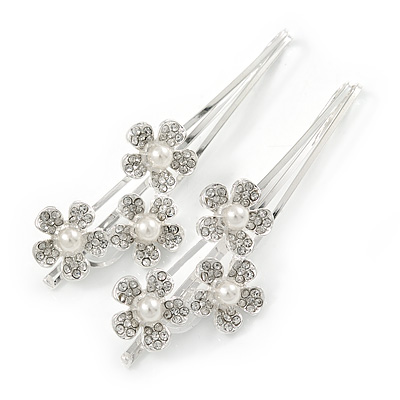 2 Bridal/ Prom Clear Crystal, Pearl Flower Hair Grips/ Slides In Rhodium Plating - 65mm Across