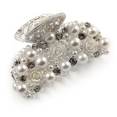 Small Bridal/ Prom/ Wedding Acrylic Flower, Faux Pearl Bead, Crystal Hair Claw In Silver Tone Metal - 60mm Across - main view