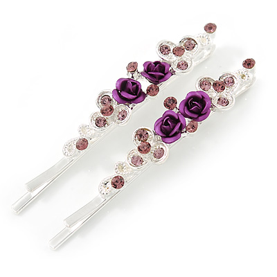 Pair Of Purple Crystal Rose Hair Slides In Rhodium Plating - 55mm L