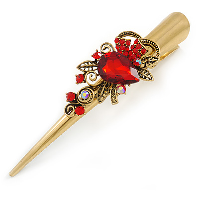 Long Vintage Inspired Gold Tone Ruby Red Crystal Floral Hair Beak Clip/ Concord/ Crocodile Clip - 13.5cm L - main view