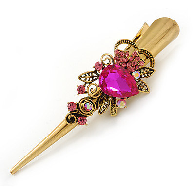 Long Vintage Inspired Gold Tone Fuchsia/ Pink Crystal Floral Hair Beak Clip/ Concord/ Crocodile Clip - 13.5cm L