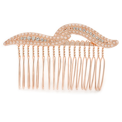 Bridal/ Wedding/ Prom/ Party Rose Gold Tone Clear Crystal, Cream Faux Pearl Double Leaf Hair Comb - 85mm