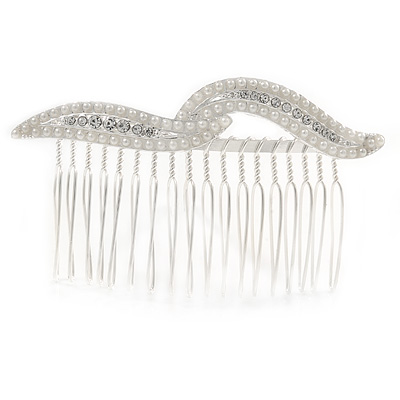 Bridal/ Wedding/ Prom/ Party Silver Plated Clear Crystal, Cream Faux Pearl Double Leaf Hair Comb - 85mm - main view