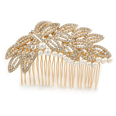 Oversized Bridal/ Wedding/ Prom/ Party Gold Plated Crystal, Pearl Leaf Hair Comb - 90mm W