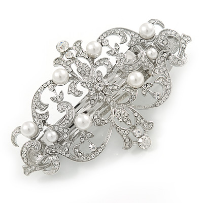 Bridal/ Prom Rhodium Plated Open Cut Clear Crystal, White Glass Pearl Barrette Hair Clip Grip - 85mm Across
