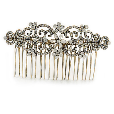 Vintage Inspired Clear Austrian Crystal Flowers and Twirls Side Hair Comb In Antique Gold Tone - 85mm