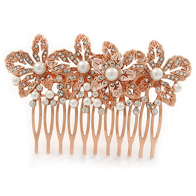 Bridal/ Wedding/ Prom/ Party Rose Gold Tone Clear Crystal, Simulated Pearl Floral Hair Comb - 85mm