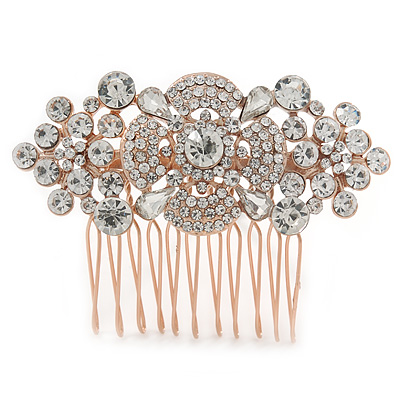 Bridal/ Wedding/ Prom/ Party Rose Gold Tone Clear Crystal Floral Hair Comb - 65mm - main view