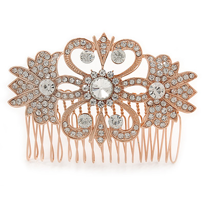 Bridal/ Wedding/ Prom/ Party Art Deco Style Rose Gold Tone Austrian Crystal Hair Comb - 80mm W - main view