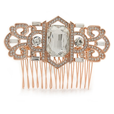 Bridal/ Wedding/ Prom/ Party Art Deco Style Rose Gold Tone Tone Austrian Crystal Hair Comb - 80mm W