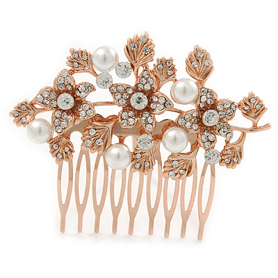 Bridal/ Wedding/ Prom/ Party Rose Gold Tone Clear Crystal, Simulated Pearl Floral Hair Comb - 75mm - main view