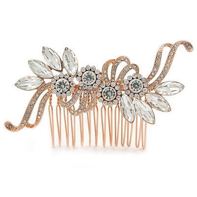 Bridal/ Wedding/ Prom/ Party Rose Gold Tone Clear Crystal Floral Hair Comb - 90mm W