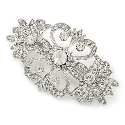 Bridal/ Wedding/ Prom/ Party Art Deco Style Rhodium Plated Austrian Crystal Barrette Hair Clip Grip - 80mm Across