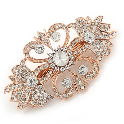 Bridal/ Wedding/ Prom/ Party Art Deco Style Rose Gold Tone Austrian Crystal Barrette Hair Clip Grip - 80mm Across - main view