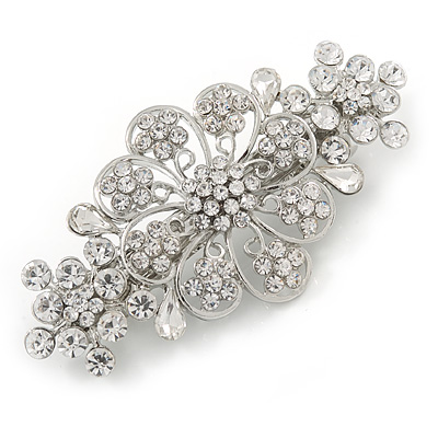 Medium Silver Tone Filigree Diamante Floral Barrette Hair Clip Grip - 70mm Across