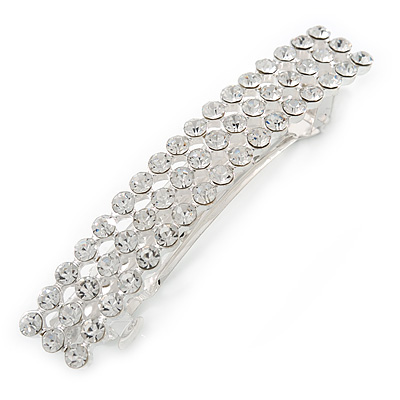 Classic Clear Crystal Square Barrette Hair Clip Grip In Rhodium Plated Metal - 80mm Across