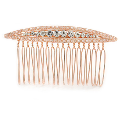 Bridal/ Wedding/ Prom/ Party Rose Gold Tone Clear Crystal, White Faux Pearl Hair Comb - 80mm - main view