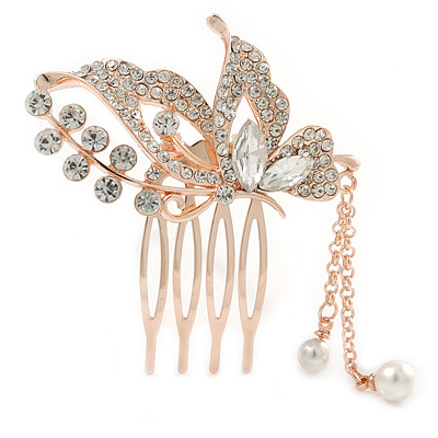 Bridal/ Wedding/ Prom/ Party Rose Gold Tone Clear Austrian Crystal Butterly with Dangles Side Hair Comb - 55mm