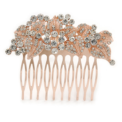 Vintage Inspired Bridal/ Wedding/ Prom/ Party Austrian Clear Crystal 'Leaves & Flowers' Hair Comb In Rose Tone Metal - 75mm