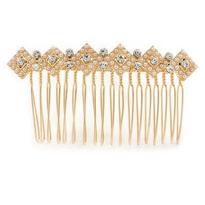 Bridal/ Wedding/ Prom/ Party Gold Tone Clear Crystal, Cream Faux Pearl Double Square Pattern Hair Comb - 80mm