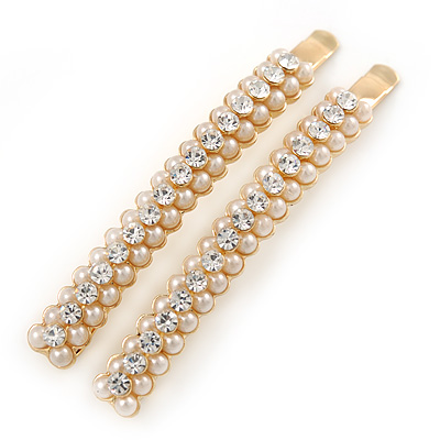 2 Gold Plated Cream Glass Pearl, Clear Crystal Hair Grips/ Slides - 60mm