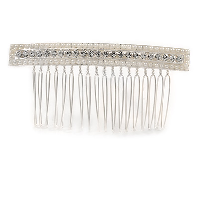 Bridal/ Wedding/ Prom/ Party Silver Plated Clear Crystal, Cream Faux Pearl Square Hair Comb - 85mm