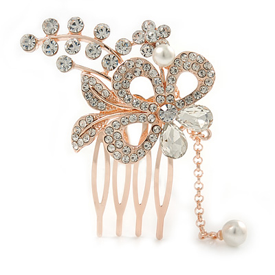 Bridal/ Wedding/ Prom/ Party Rose Gold Tone Clear Austrian Crystal Flower with Dangles Side Hair Comb - 60mm L