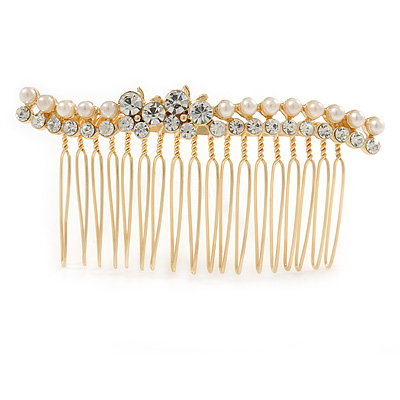 Bridal/ Wedding/ Prom/ Party Gold Tone Clear Crystal, Simulated Pearl, Double Butterfly Floral Hair Comb - 80mm - main view