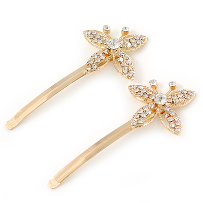 2 Bridal/ Prom Crystal Butterfly Hair Grips/ Slides In Gold Plating - 70mm Across - main view
