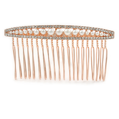 Bridal/ Wedding/ Prom/ Party Rose Gold Tone Clear Austrian Crystal Pealr Side Hair Comb - 80mm - main view