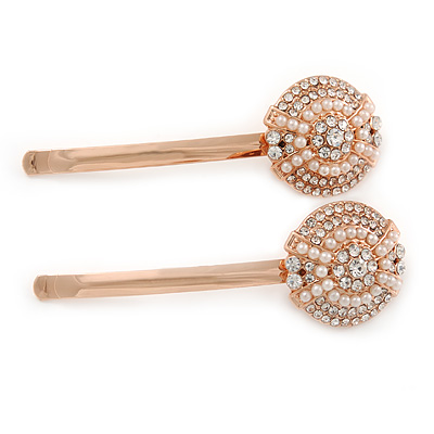 2 Bridal/ Prom Clear Crystal, White Glass Pearl Button Hair Grips/ Slides In Rose Gold Tone Metal - 60mm L