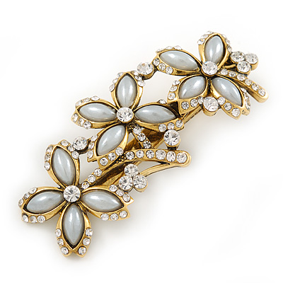 Vintage Inspired Triple Flower Crystal, Faux Pearl Hair Beak Clip/ Concord Clip In Antique Gold Tone - 70mm L