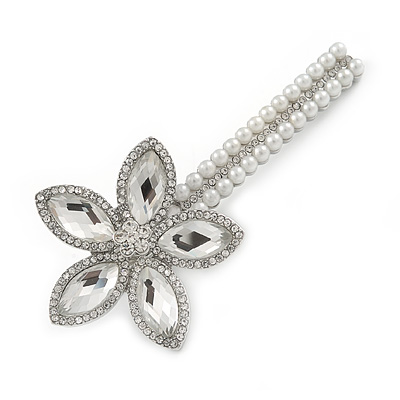 Large Glass Pearl, Clear Crystal Flower Hair Beak Clip/ Concord Clip In Rhodium Plated Metal - 90mm L