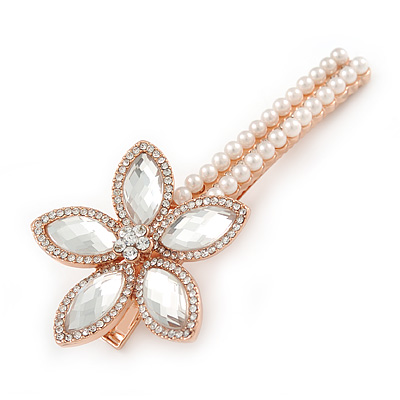 Large Glass Pearl, Clear Crystal Flower Hair Beak Clip/ Concord Clip In Rose Gold Tone - 90mm L