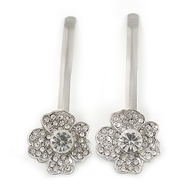 2 Bridal/ Prom Clear Crystal Flower Hair Grips/ Slides In Rhodium Plated Metal - 60mm Across