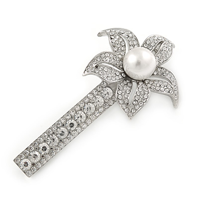 Large Glass Pearl, Clear Crystal Flower Hair Beak Clip/ Concord Clip In Rhodium Plating - 85mm L