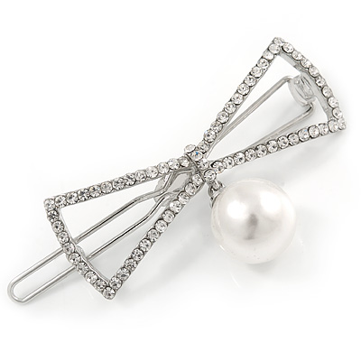 Silver Plated Clear Crystal White Glass Pearl Open Bow Hair Slide/ Grip - 50mm Across