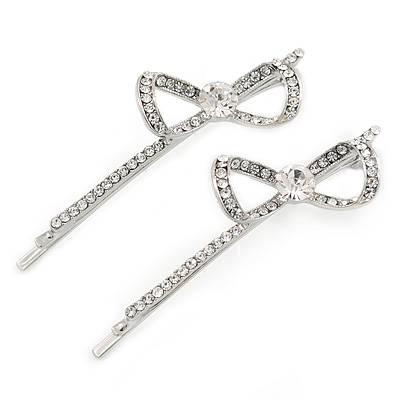 Pair Of Clear Crystal Bow Hair Slides In Rhodium Plating - 55mm L - main view