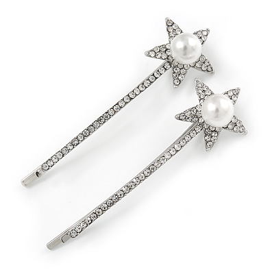 Pair Of Clear Crystal White Pearl Star Hair Slides In Rhodium Plating - 60mm L