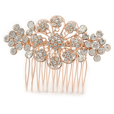 Bridal/ Wedding/ Prom/ Party Rose Gold Tone Clear Austrian Crystal Floral Side Hair Comb - 75mm