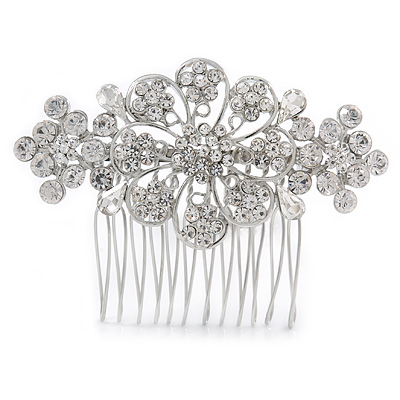 Bridal/ Wedding/ Prom/ Party Silver Tone Clear Austrian Crystal Floral Side Hair Comb - 75mm - main view