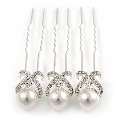 Bridal/ Wedding/ Prom/ Party Set Of 3 Rhodium Plated Clear Austrian Crystal Faux Pearl Hair Pins - main view