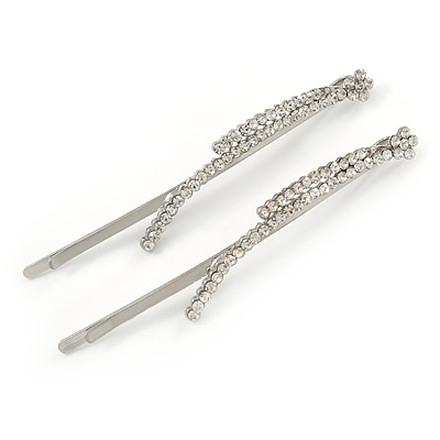 Pair Of Long Clear Crystal 'Daisy' Hair Slides In Silver Tone Metal - 90mm L