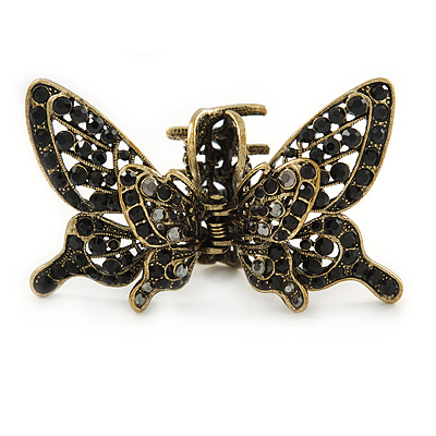 Vintage Inspired Black Crystal Butterfly with Mobile Wings Hair Claw In Antique Gold Tone - 85mm Across