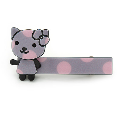 Children's/ Teen's / Kid's Lavender/ Pink Kitty Acrylic Hair Beak Clip/ Concord Clip/ Clamp Clip In Silver Tone - 50mm L - main view