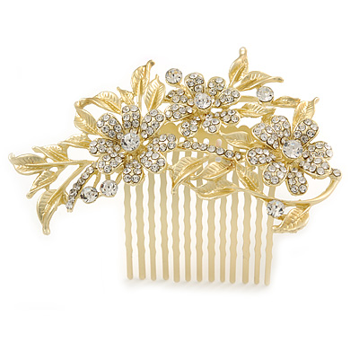 Bridal/ Wedding/ Prom/ Party Satin Matte Gold Tone Clear Crystal Daisy Floral Hair Comb - 90mm