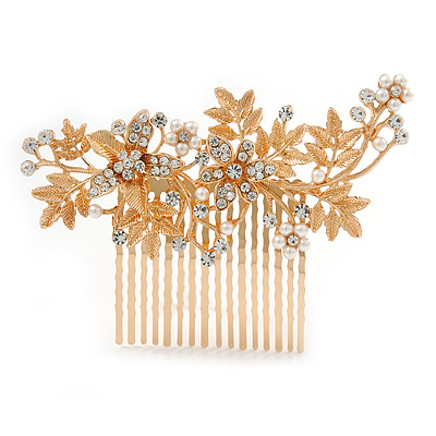 Large Bridal/ Wedding/ Prom/ Party Rose Gold Tone Clear Crystal, Simulated Pearl Floral Hair Comb - 10.5cm