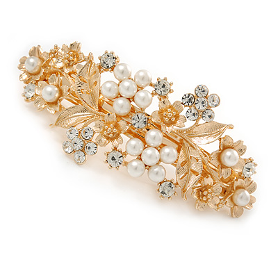 Large Gold Tone Diamante Faux Pearl Floral Barrette Hair Clip Grip - 90mm Across - main view